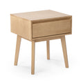 Minimalist Scandinavian light oak nightstand with single drawer and tapered legs, modern wooden bedside table for bedroom