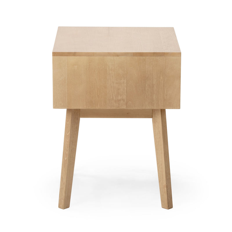 Front view of a minimalist natural wood side table with square top and tapered legs on white background