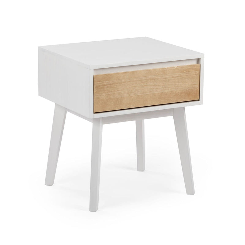 White modern bedside table with wooden drawer and sleek design.