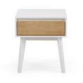 Modern white and wood nightstand with a single drawer, ideal for bedroom storage solutions.