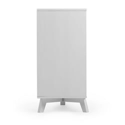 White modern narrow cabinet with minimalist design and angled legs.