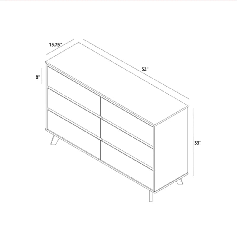 Line drawing assembly diagram of mid-century modern 6-drawer dresser showing dimensions 52 in W x 15.75 in D x 33 in H