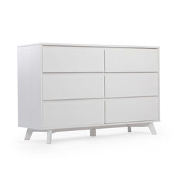 Mid-century modern white wooden dresser with six drawers.