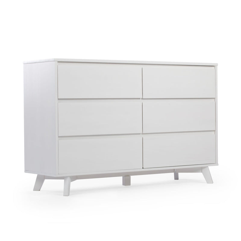 Mid-century modern white wooden dresser with six drawers.