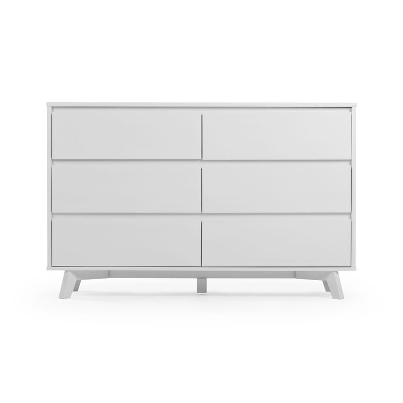White modern six-drawer wooden dresser for bedroom storage.