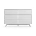 White modern six-drawer wooden dresser for bedroom storage.