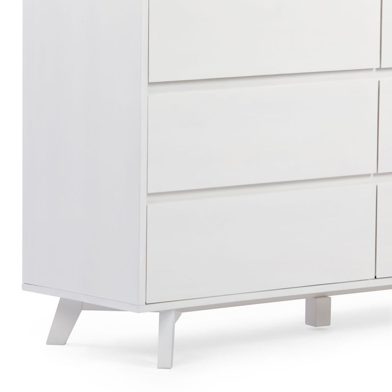 Modern white dresser with sleek design and minimalist drawers.