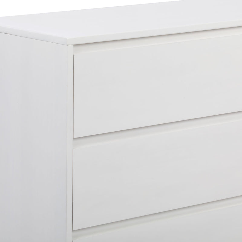 Stylish white three-drawer dresser for modern bedroom storage solutions.