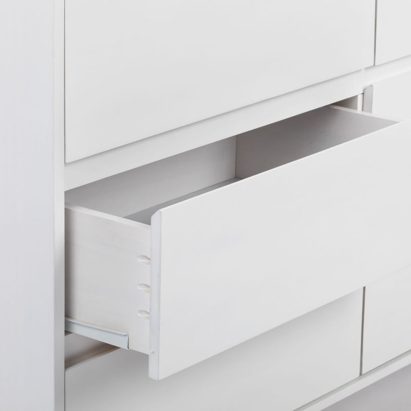 White wooden dresser with an open drawer showcasing minimalist modern design.