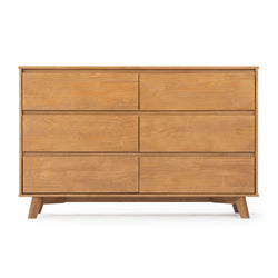 Mid-century modern wooden dresser with six drawers and a natural finish.