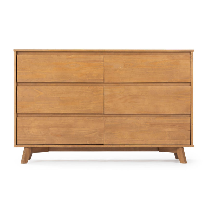 Mid-century modern wooden dresser with six drawers and a natural finish.