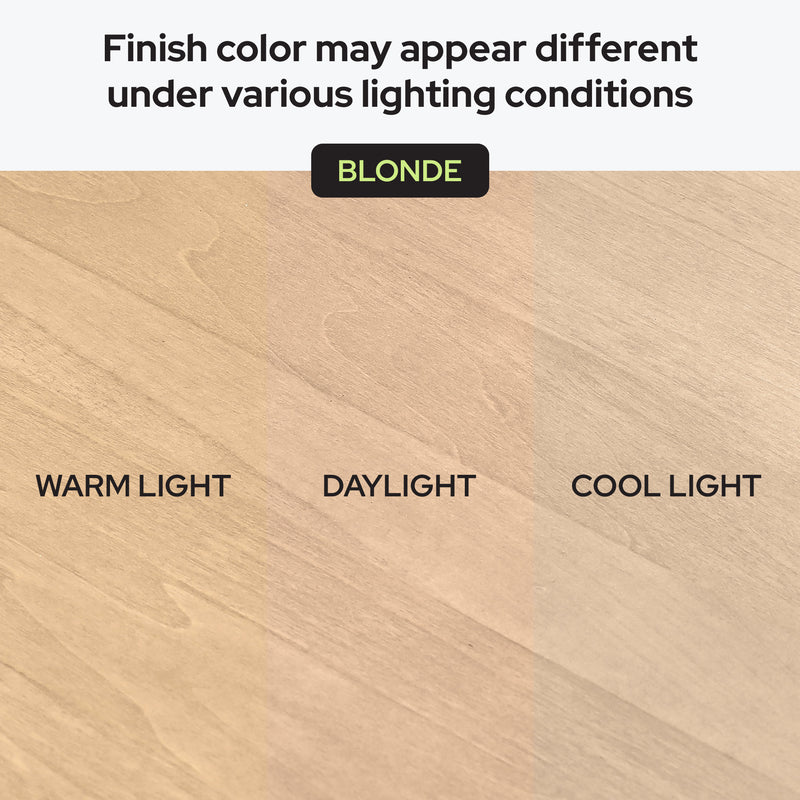 Blonde wood finish sample showing color variation under warm light, daylight, and cool light — finish color may appear different under various lighting conditions