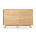 Mid-century modern wooden dresser with six drawers in light oak finish.