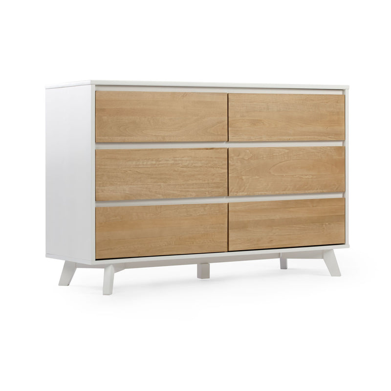 Modern wooden six-drawer dresser with white frame for bedroom furniture storage.