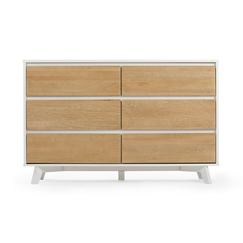 Modern wooden six-drawer dresser with a white frame, ideal for stylish bedroom storage solutions.