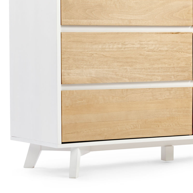 Modern wooden dresser with white frame and natural wood finish drawers, featuring sleek minimalist design.