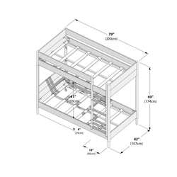 Isometric diagram of a twin-over-twin bunk bed frame with ladder, guardrails and slatted mattress supports, labeled dimensions 79 in (200 cm) length, 42 in (107 cm) width, 69 in (174 cm) height and 41 in (103 cm) clearance.