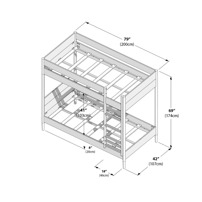Isometric diagram of a twin-over-twin bunk bed frame with ladder, guardrails and slatted mattress supports, labeled dimensions 79 in (200 cm) length, 42 in (107 cm) width, 69 in (174 cm) height and 41 in (103 cm) clearance.