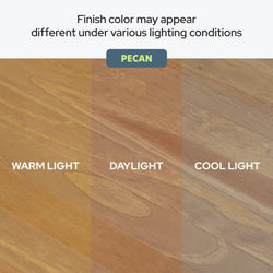 Pecan wood finish color comparison showing three floorboard samples under warm light, daylight, and cool light to illustrate lighting-based color variations