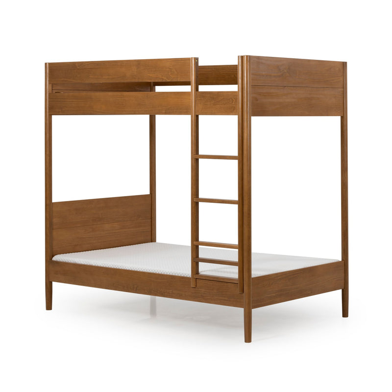 Solid wood twin-over-twin bunk bed with ladder in warm walnut finish, mid-century modern platform design for kids' bedroom