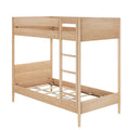 Natural light wood twin-over-twin kids bunk bed with built-in ladder, slatted mattress supports and minimalist modern design
