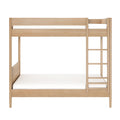Light oak solid wood twin-over-twin bunk bed with built-in ladder and white mattresses, minimalist modern bedroom furniture