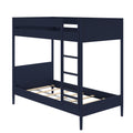 Navy blue wooden twin-over-twin bunk bed frame with built-in ladder and slatted mattress supports, modern space-saving kids bedroom furniture