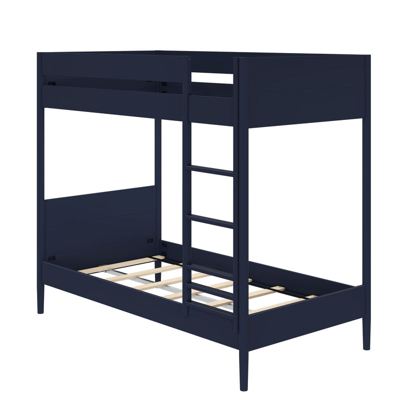 Navy blue wooden twin-over-twin bunk bed frame with built-in ladder and slatted mattress supports, modern space-saving kids bedroom furniture