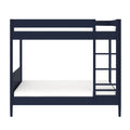 Navy blue twin-over-twin bunk bed with ladder and white mattresses, modern space-saving kids' bedroom furniture