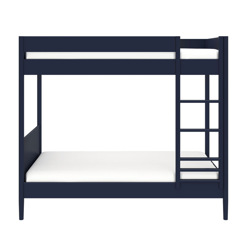 Navy blue twin-over-twin bunk bed with ladder and white mattresses, modern space-saving kids' bedroom furniture