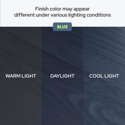 Blue wood finish color comparison showing how the blue stain appears darker under warm light, truer in daylight, and cooler under cool light — demonstrating finish color may appear different under various lighting conditions