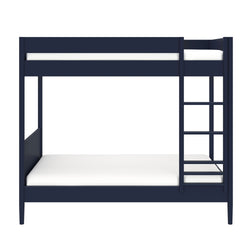 Navy blue wooden twin-over-full bunk bed with built-in ladder and white mattresses, modern space-saving kids' bedroom furniture