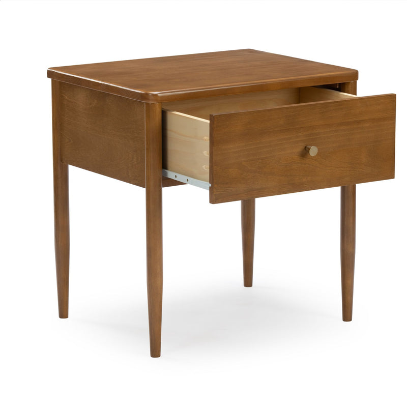Mid-century modern wood nightstand side table with one open drawer, tapered legs and round brass knob in warm walnut finish