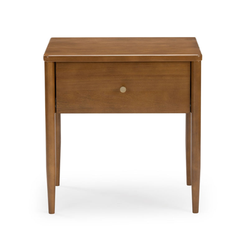 Mid-century modern wooden nightstand bedside table with single drawer and round brass knob, warm brown finish and tapered legs on white background