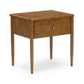 Mid-century modern wooden nightstand with single drawer and round knob, tapered legs and warm brown finish