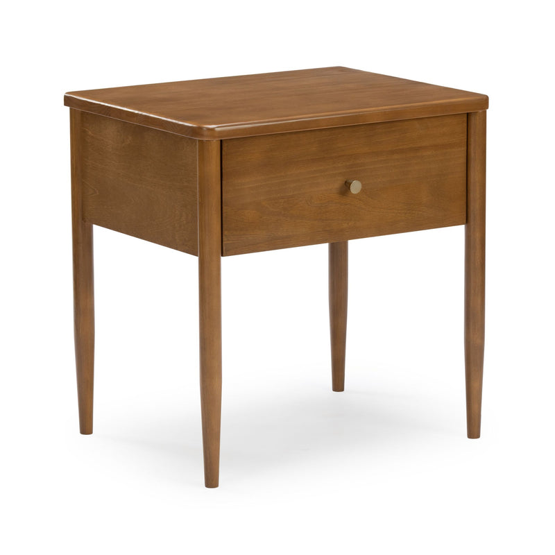 Mid-century modern wooden nightstand with single drawer and round knob, tapered legs and warm brown finish
