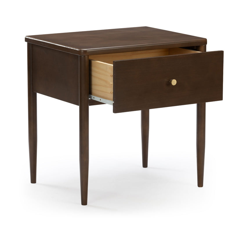 Mid-century modern dark walnut wooden nightstand bedside table with single open drawer, brass knob and tapered legs on white background