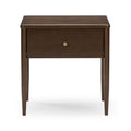 Mid-century modern walnut nightstand bedside table with single drawer, round brass knob and tapered legs