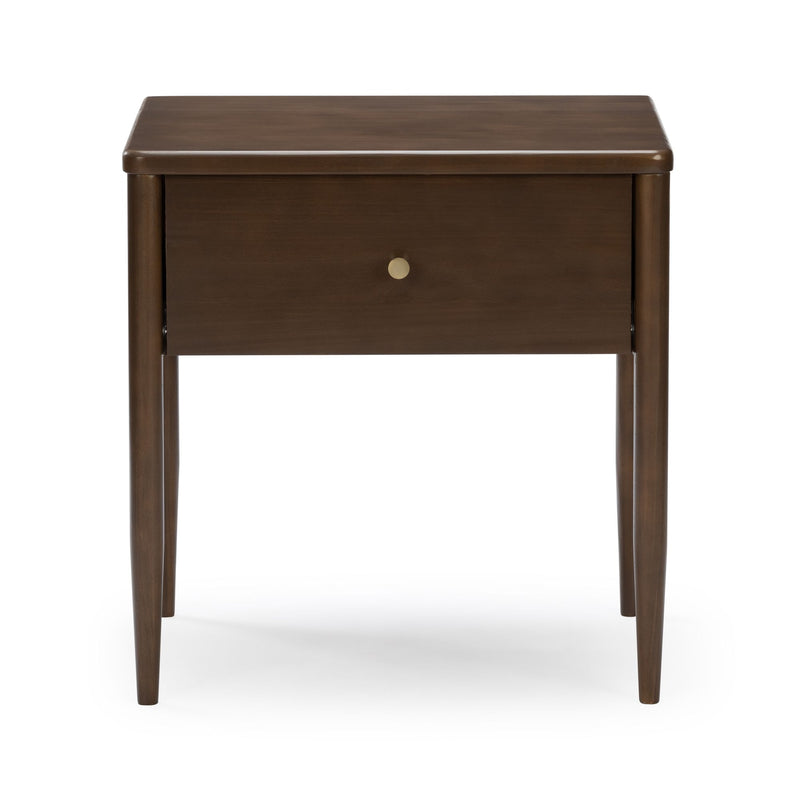 Mid-century modern walnut nightstand bedside table with single drawer, round brass knob and tapered legs
