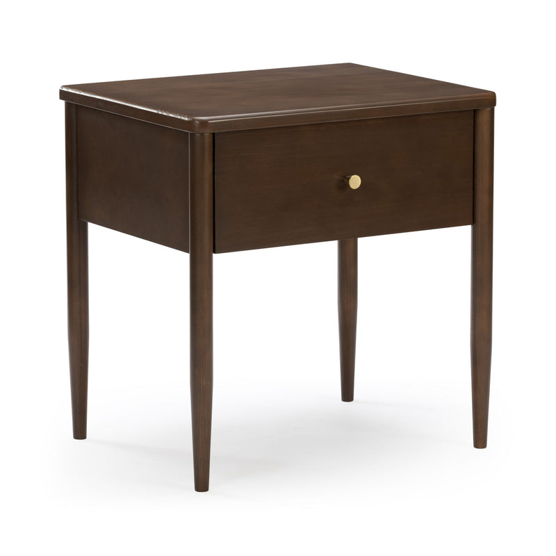 Dark brown solid wood mid-century modern nightstand/end table with single drawer, round brass knob and tapered legs on white background