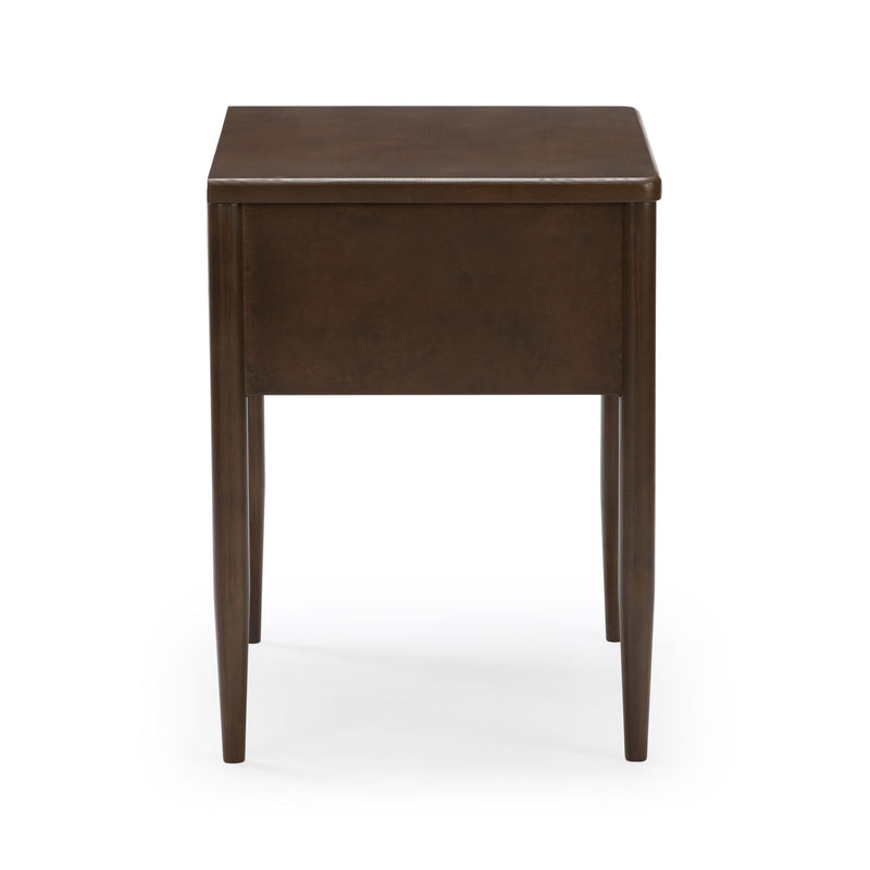 Dark brown wooden side table with square top and tapered legs on white background