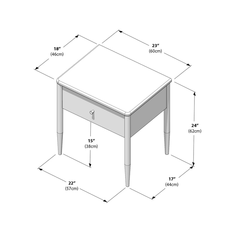 Isometric technical drawing of a mid-century modern bedside table/nightstand with a single drawer and tapered legs, annotated with measurements: top 23" x 18" (60 x 46 cm), overall height 24" (62 cm), base footprint 22" x 17" (57 x 44 cm).