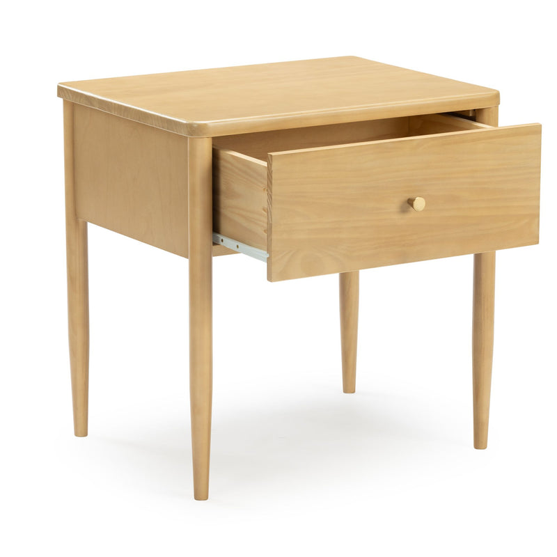 Mid-century modern light wood nightstand bedside table with single open drawer, round wooden knob and tapered legs