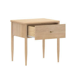 Minimalist mid-century modern light wood nightstand with single drawer and tapered legs, Scandinavian bedside table in natural finish