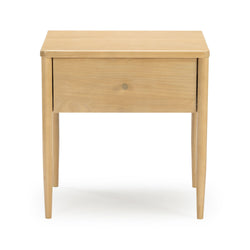 Minimalist light wood bedside table nightstand with single drawer, round knob, tapered legs and natural wood finish