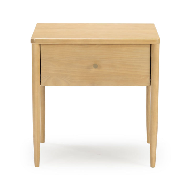 Minimalist light wood bedside table nightstand with single drawer, round knob, tapered legs and natural wood finish