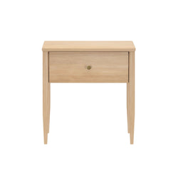 Front view of natural light wood nightstand bedside table with one drawer, tapered legs and brass knob, mid-century modern design on white background