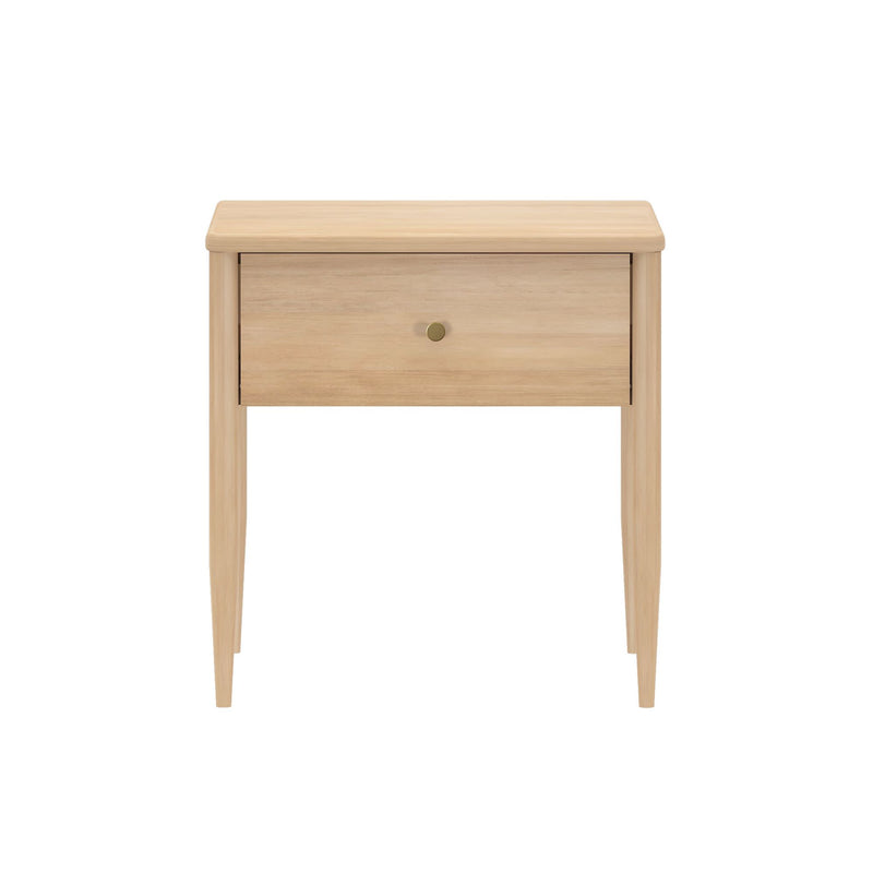 Front view of natural light wood nightstand bedside table with one drawer, tapered legs and brass knob, mid-century modern design on white background