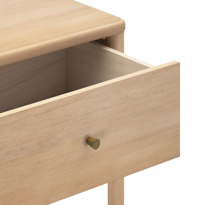 Light wood nightstand with open drawer and brass knob, minimalist bedside table in natural oak finish for bedroom storage