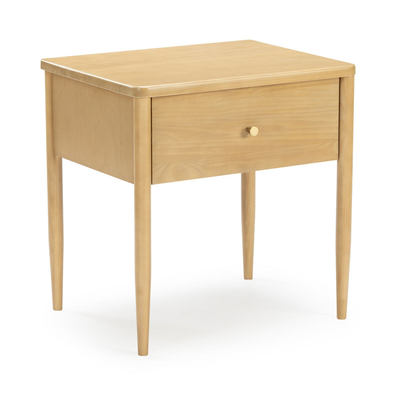 Light wood bedside table with single drawer, round knob and tapered legs — mid-century modern natural maple finish nightstand